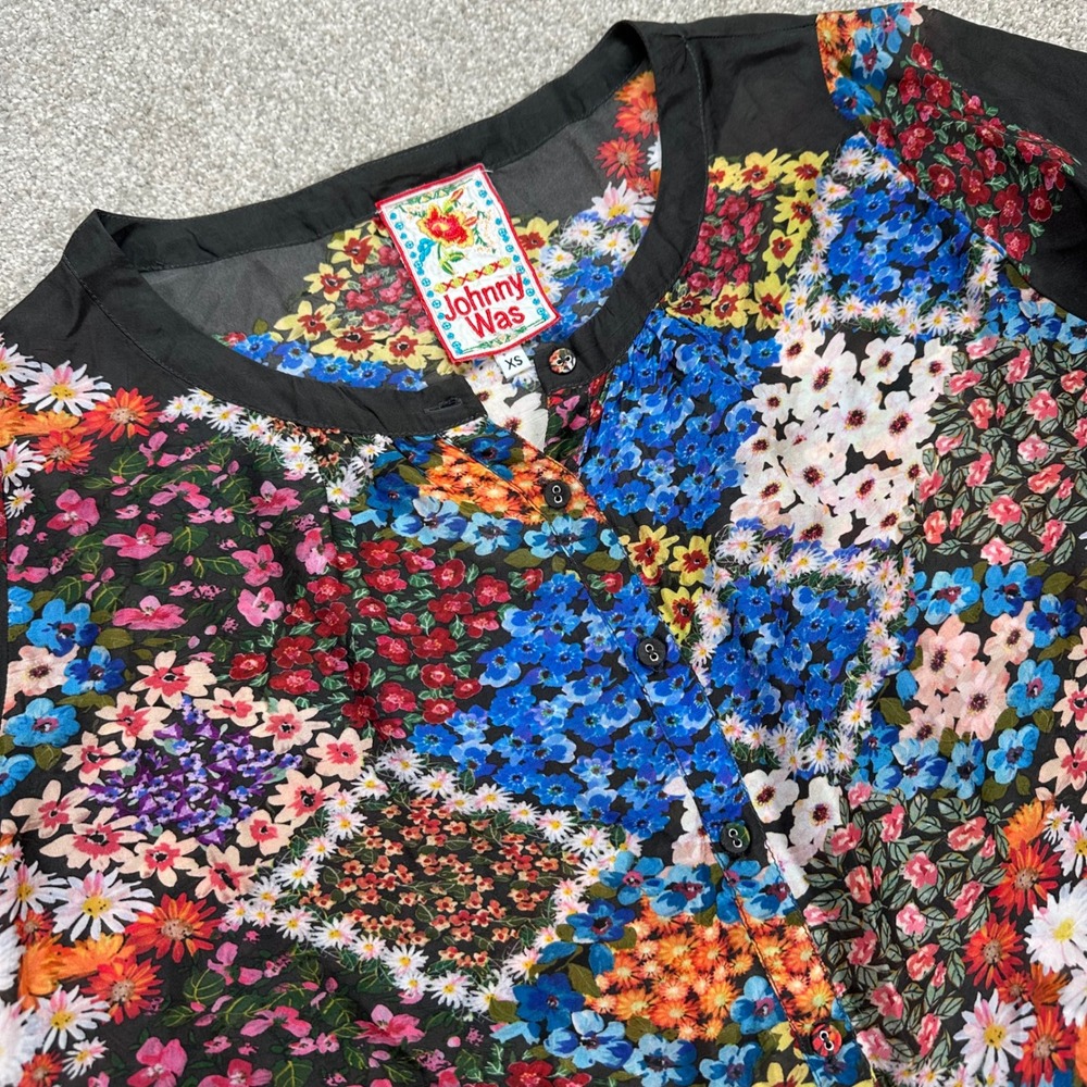 Johnny Was XS Floral Patchwork Blouse Button Down Bohemian‎ Tunic Top Western